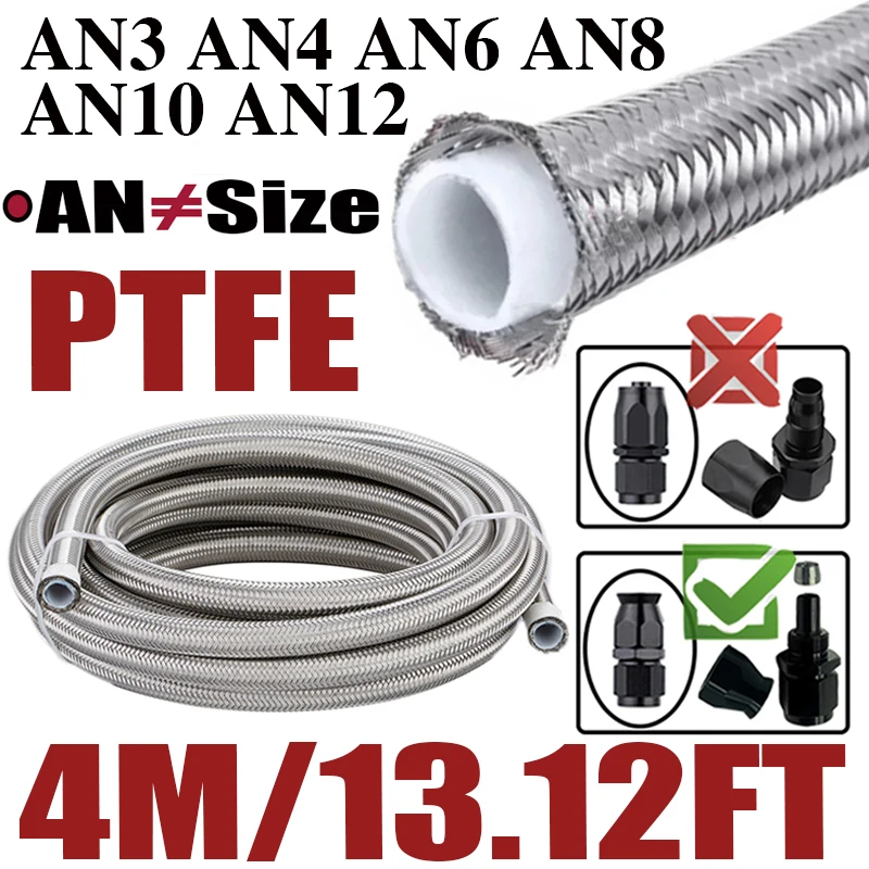 4M 13FT 3AN 4AN 6AN 8AN 10AN 12AN PTFE E85 Fuel Oil Line Cooler Pipe Stainless Steel Brake Hose Temperature Pressure Resistance