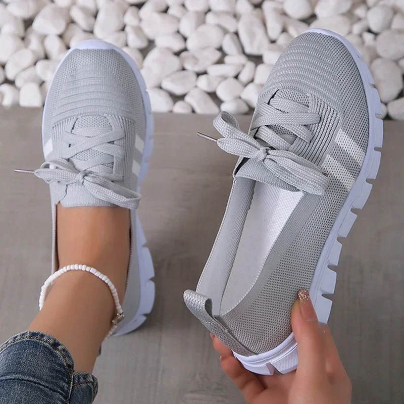 Mesh Knitted Striped Flats Shoes for Women 2024 Summer Lace Up Casual Sneakers Woman Breathable Soft Sole Loafers Plus Size 43 image 3