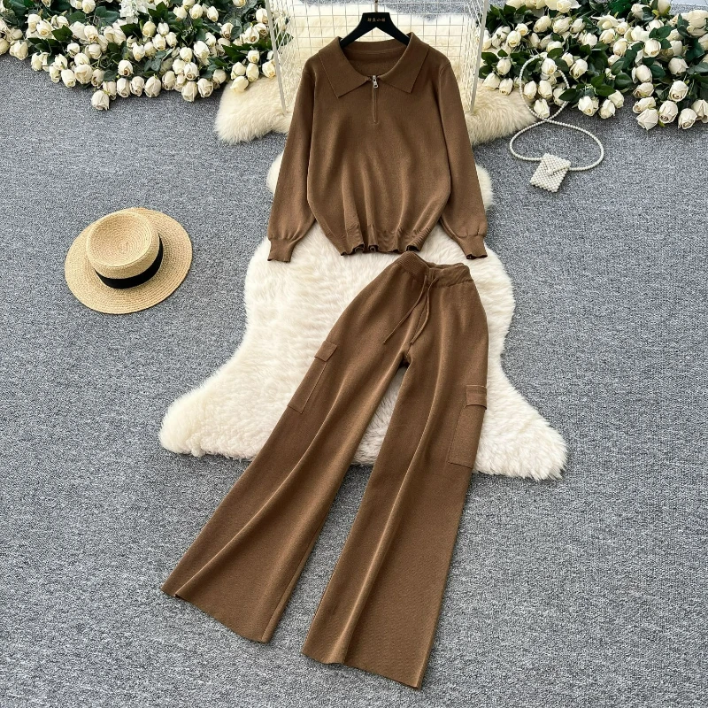 

Women Two Piece Pant Sets High Waist Wide Leg Pants Knit Turn Down Collar Pullovers Half Zipper Sweaters Casual Autumn
