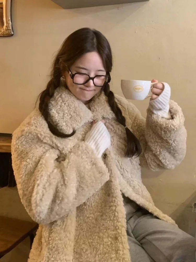 Jaet – manteau Long en fourrure d'agneau douce pour femme, coupe ample, col montant, décontracté, confortable et chaud