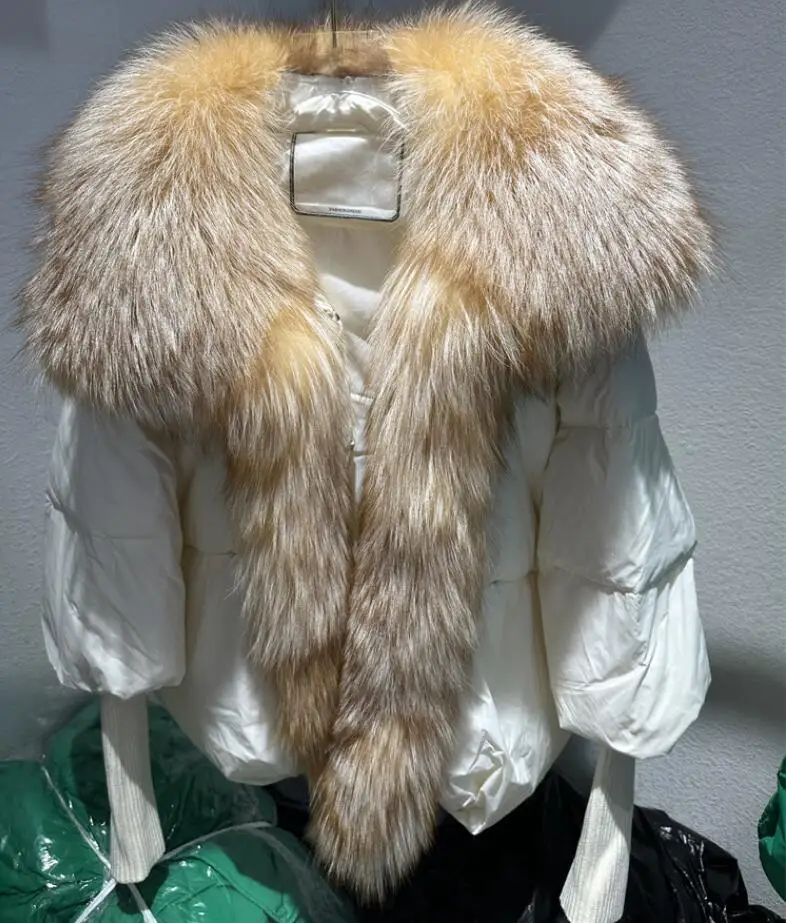 Chaqueta de plumón de pato blanco cálido para mujer, Abrigo acolchado con capucha suelta, cuello de piel de zorro Real Natural, prendas de vestir exteriores gruesas de lujo, Invierno