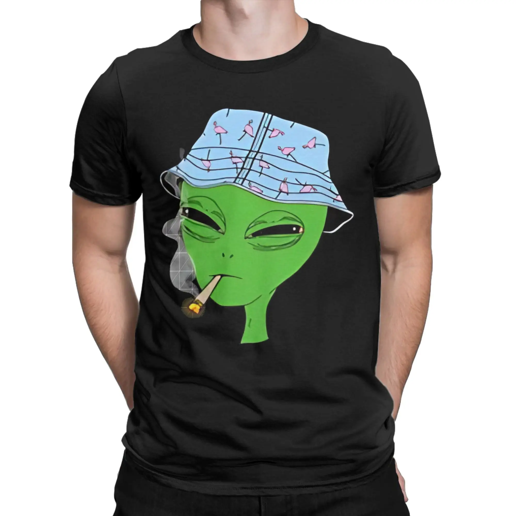 Leisure Alien Smoking Wear Flamingo Bucket Hat T-Shirt for Men Round Collar Cotton T Shirt  Short Sleeve Tees Summer Clothes