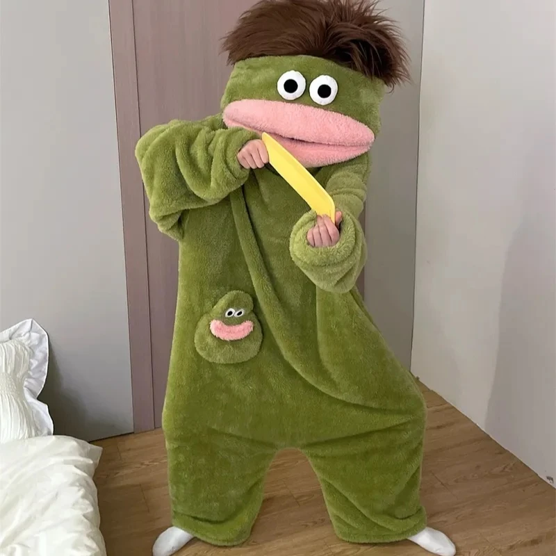 Generic Big Mouth Monster Onesie Pajamas Winter Thick Coral Fleece Ugly Cute Funny Warm Loungewear For Adults Green Light Blue view 5