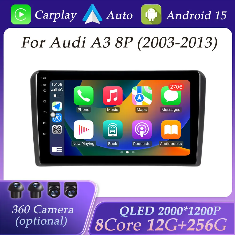 

Carplay Car Radio Video Audio Multimedia Player Android Auto for Audi A3 8P 2003 - 2013 GPS Navigation DSP Stereo QLED Screen BT