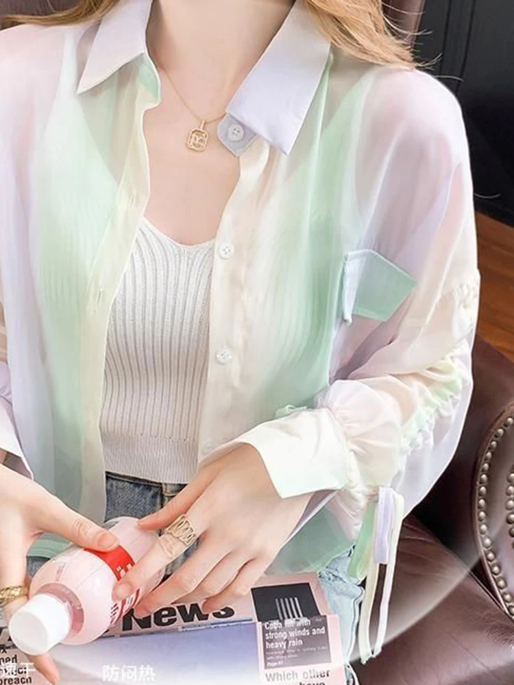 Jmprs Chiffon Women Rainbow Shirts fashion drawstring Sexy Summer Thin Crop Tops Long Sleeve Sun Protection Blouse