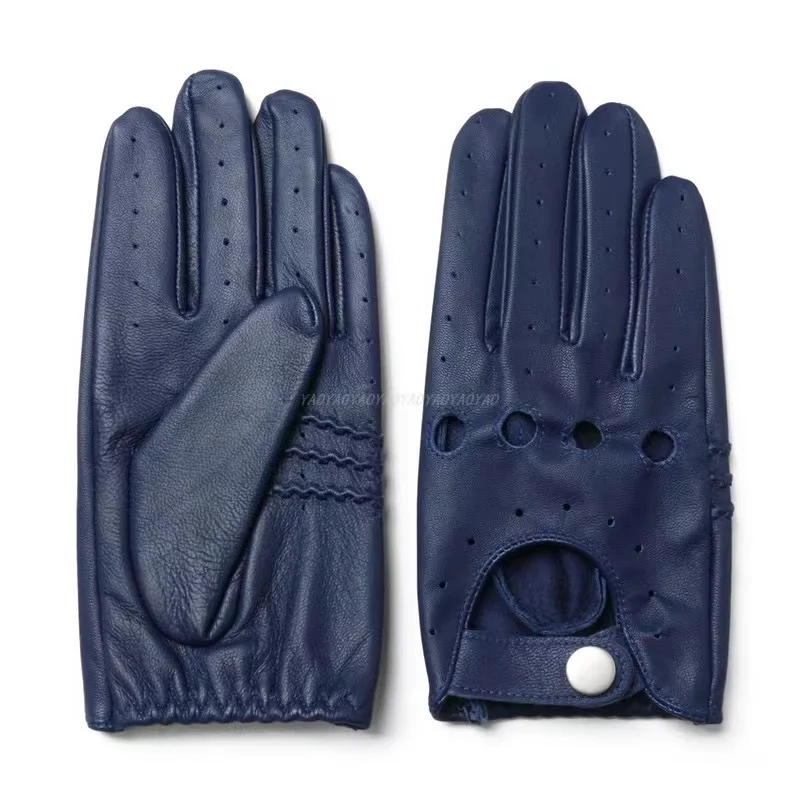 

Factory Sales Men's Outdoor Leather Gloves Male Goat skin Perforated Air Holes Dark Blue Retro Luvas Guantes de Motociclista