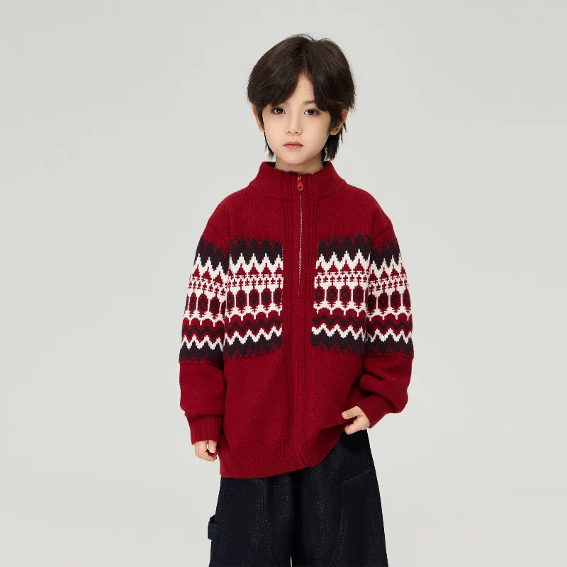 

Зимняя коллекция Детский вязаный свитер - красный на Новый год и Рождество, жаккардовый утепленный свитер для мальчиков и девочек