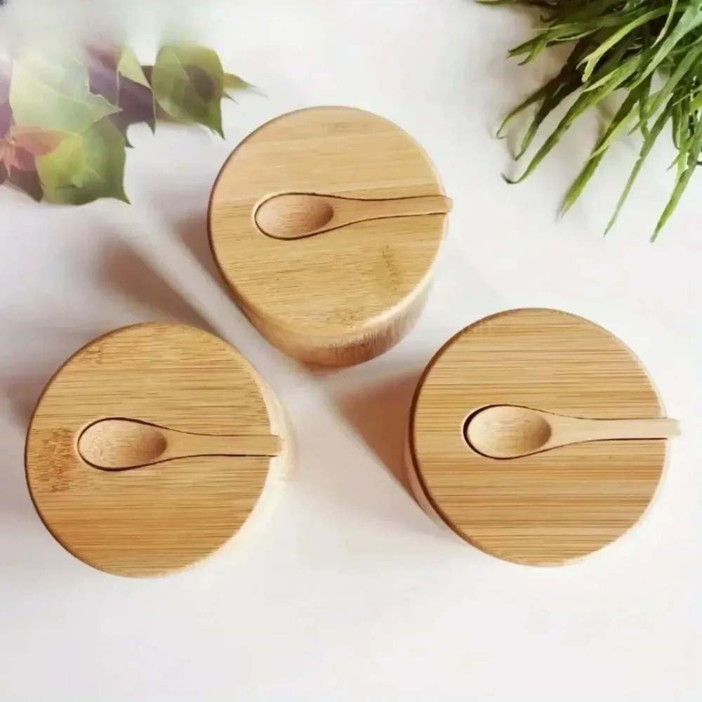 مجموعة جرة تخزين توابل الخيزران برطمان سكر خشبي مع غطاء مقاوم للرطوبة رف برطمان توابل الملح والفلفل قابل لإعادة الاستخدام