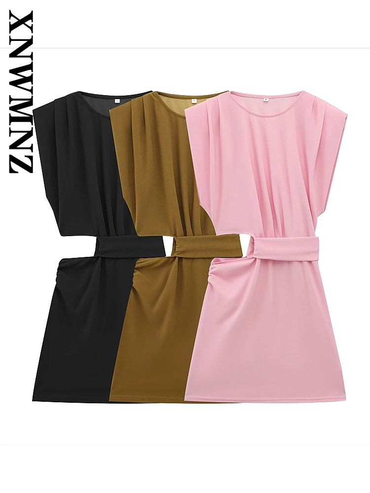 

XNWMNZ 2025 Summer New Female Chic Top Dresses Party Lady Solid Color O-Collar Sleeveless Dress Ruffles Regular Fit Mini Skirt