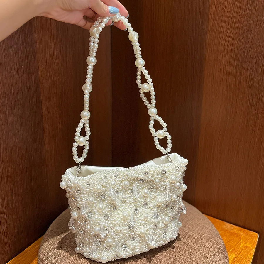 French Hollow Hand Carry Pearl Bag Celebrity Exquisite Small High Sense Diamond-Encrusted Hand-Woven Beaded Messenger Bag
