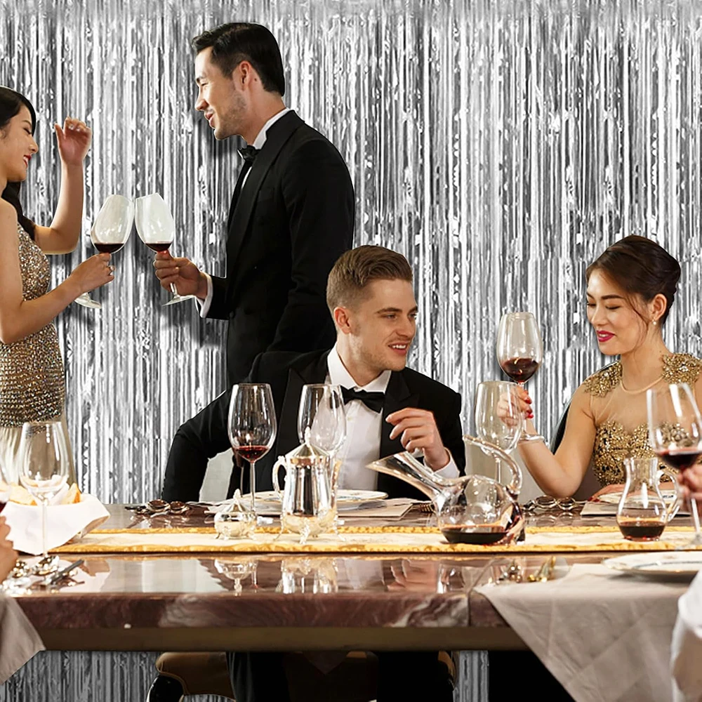 2 حزمة الفضة احباط الستار خلفية الفضة لامع بهرج احباط هامش الستائر خلفية صور الدعائم زينة عيد ميلاد الزفاف