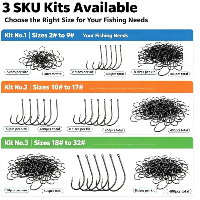 3 Assorted Size Kits High Carbon Steel 400PCS Octopus Circle Fishing Hooks,Curved Back Fish Hook Fly Fishing Gear Accessories
