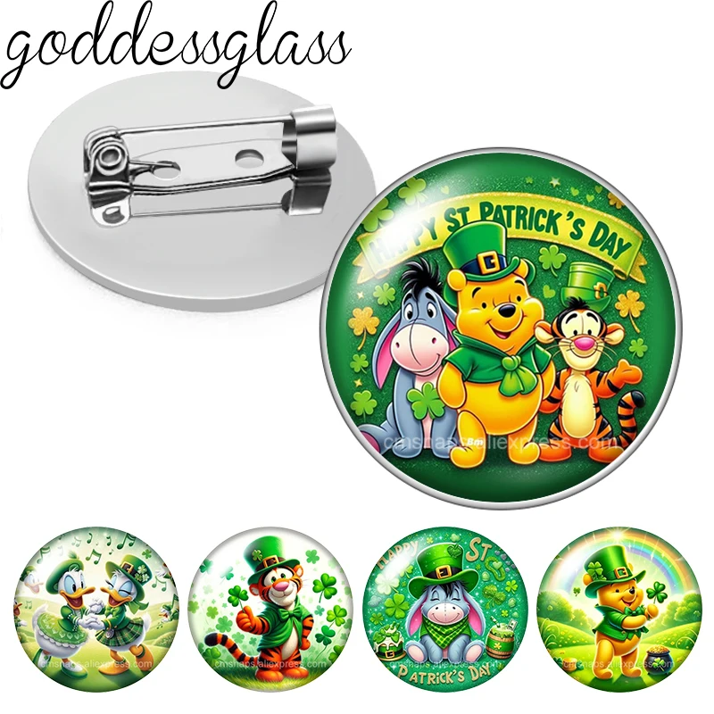 Happy St. Patrick's Day Pooh Donald Eeyore Photo Glass cabochon Brooch pinback button Bag Clothes Denim Jeans Lapel Pin Badge