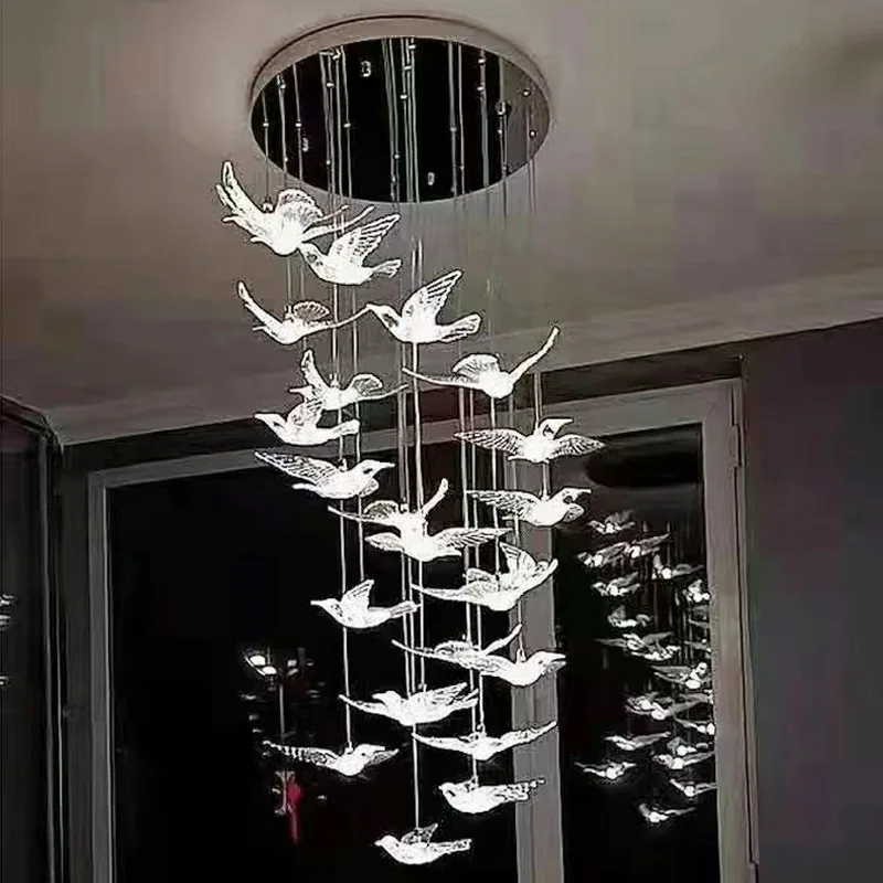 

Creative Glass Bird LED Chandelier Staircase Hotel Restaurant Villa Sales Department Lobby Luxury Pendant Lamp Home Light Decor