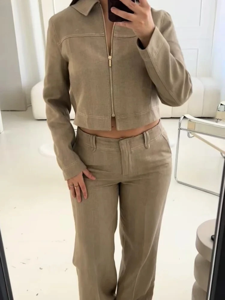 

Casual Coats Pants Sets Women'S Turn-down Collar Long Sleeve Zippers Tops High Waist Trousers 2025 Autumn New Lady Chic Suit