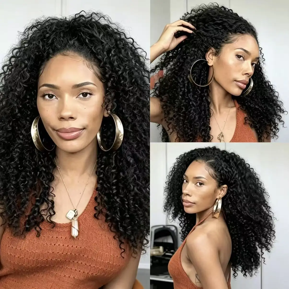 3 IN 1 Kinky Curly Half Wig With Drawstring Seamless Upgrade Glueless Human Hair Ready To Wear Wig Beginner Friendly Remy Brazilian 100% Human Hair Headband Flip Over Wigs For Women