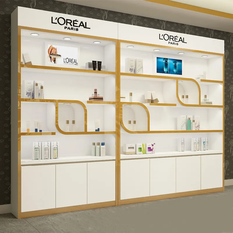 

custom，Customized White Cosmetic Store Shelves Fixtures Beauty Skincare Products Shop Wall Shelf Showcase With Led Light