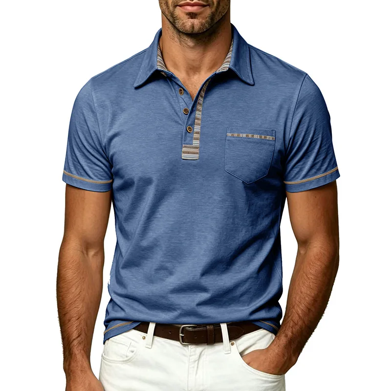 2026 Summer Men's Striped Color-Block Collar Pocket Business Casual Short-Sleeve Polo Shirt — купить у AliExpress WW