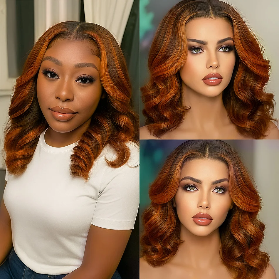 # 4/350 الجسم موجة قصيرة بوب الزنجبيل مزيج البني يسلط الضوء على الباروكات الشعر البشري 13x4 أومبر الدانتيل الجبهة غلويليس الباروكات غلويليس للمرأة