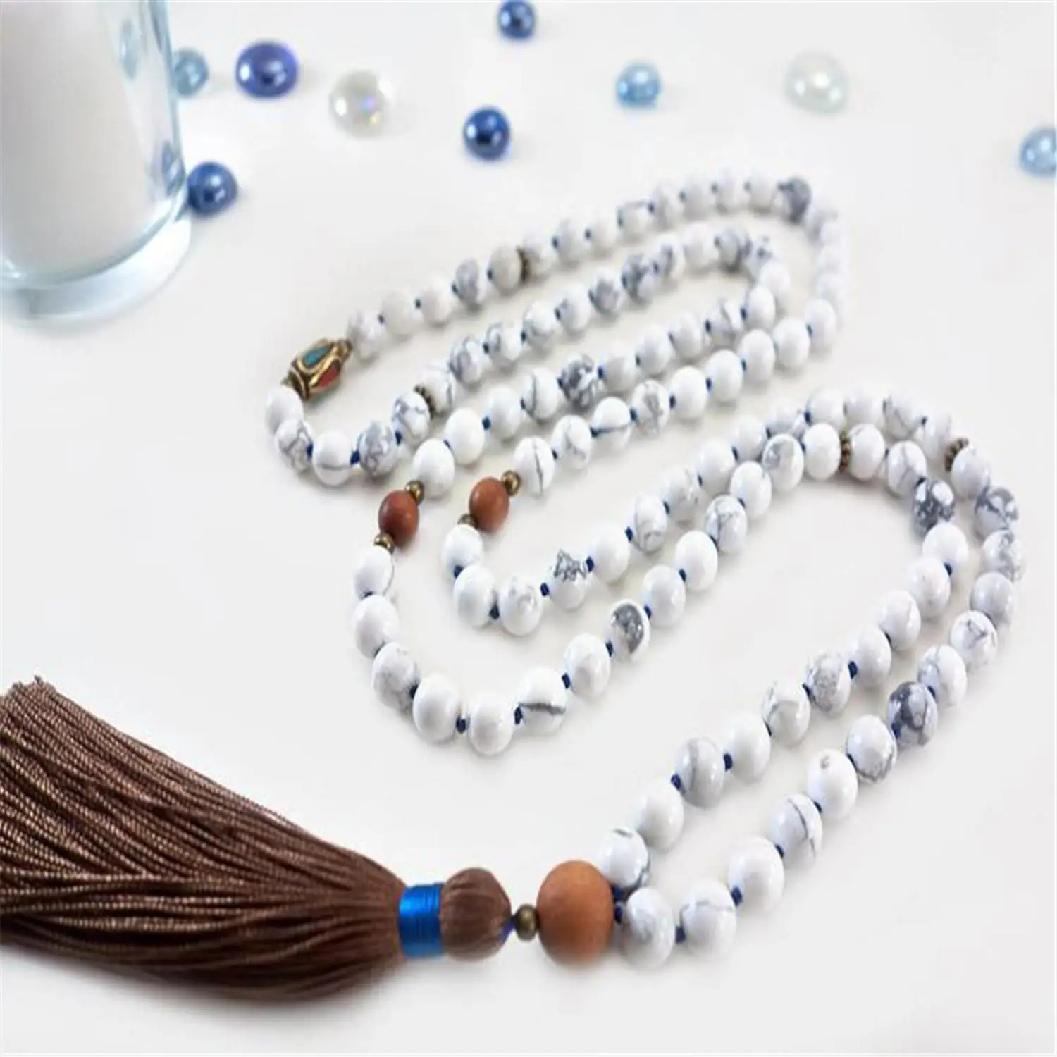 8mm Knot Howlite 108 Beads Handmade Tassel Necklace Sacred wear Tranquility Gemstone Fashion Bridal Mala Yoga