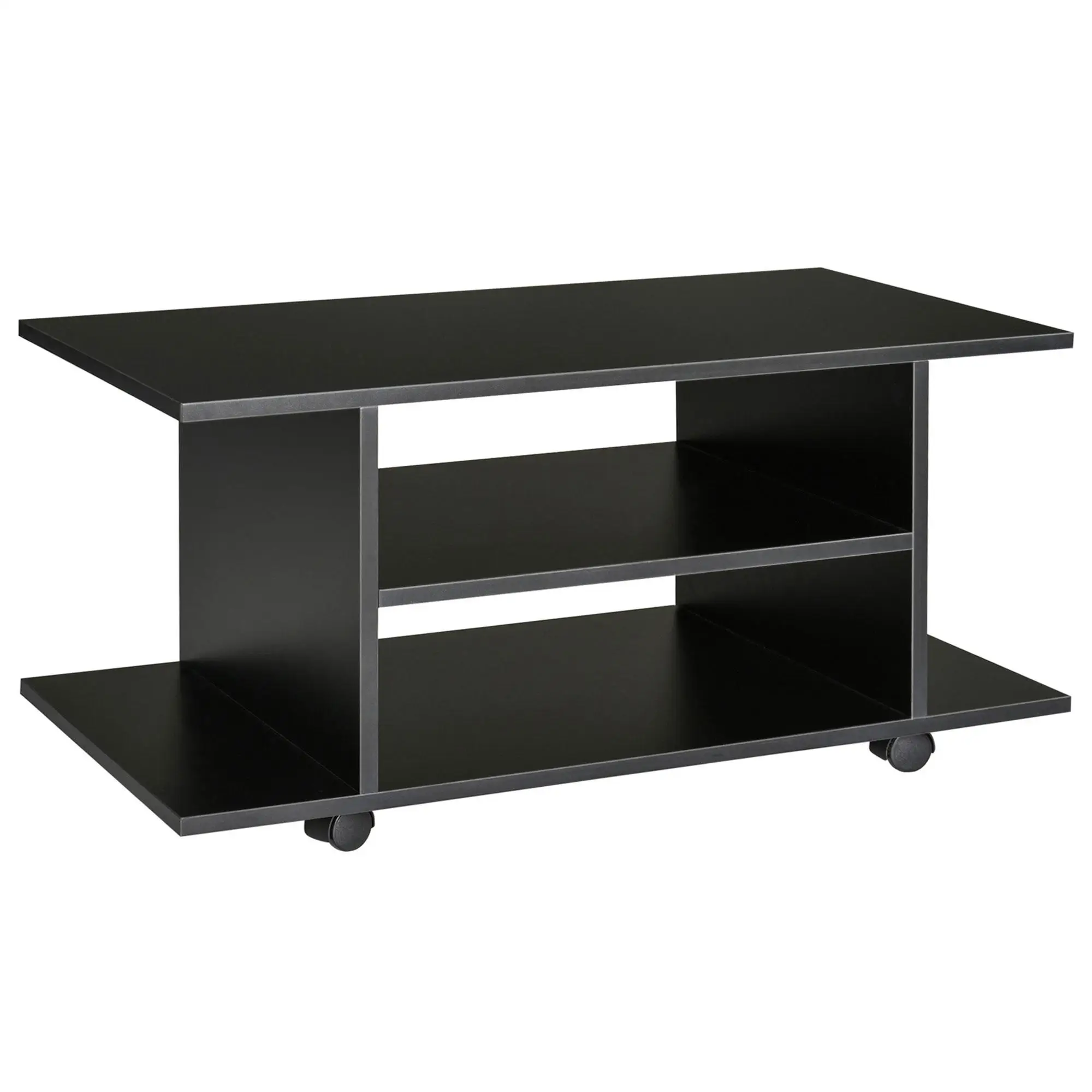 Étagère TV avec 2 étagères, 4 roulettes (2 avec frein), 80 × 40 × 40 cm, noir, tissu en bois
