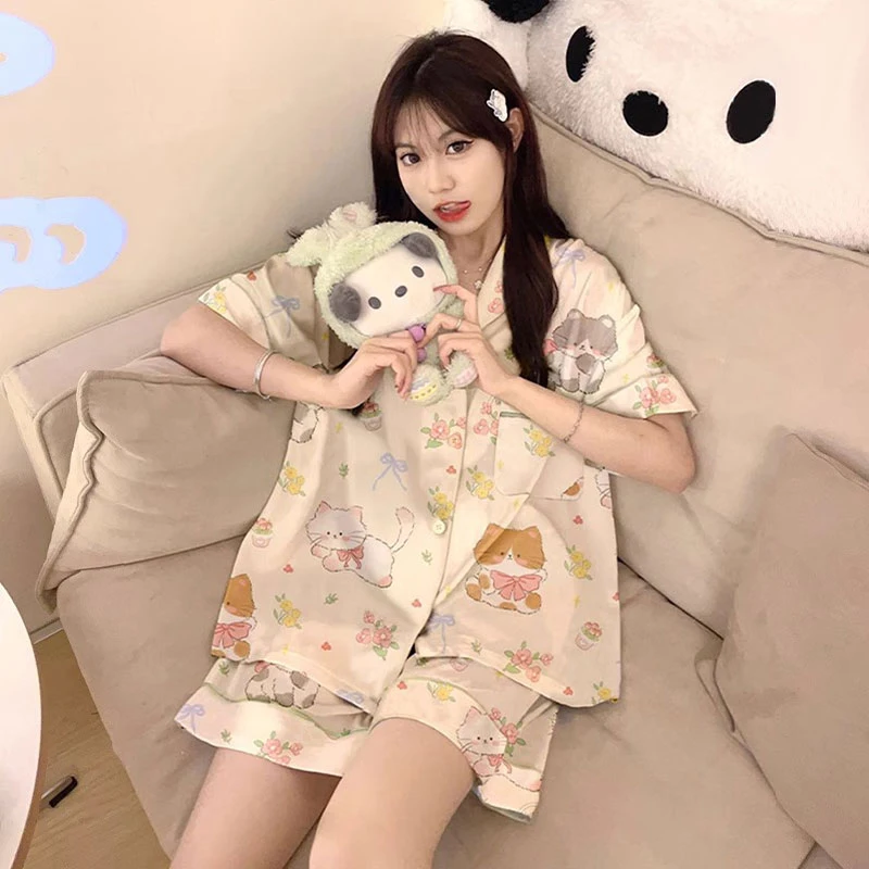 

Cartoon Pajamas Women Cardigan Short Sleeve Ladies Casual Fashion Outerwear Home Clothes Two-piece Set