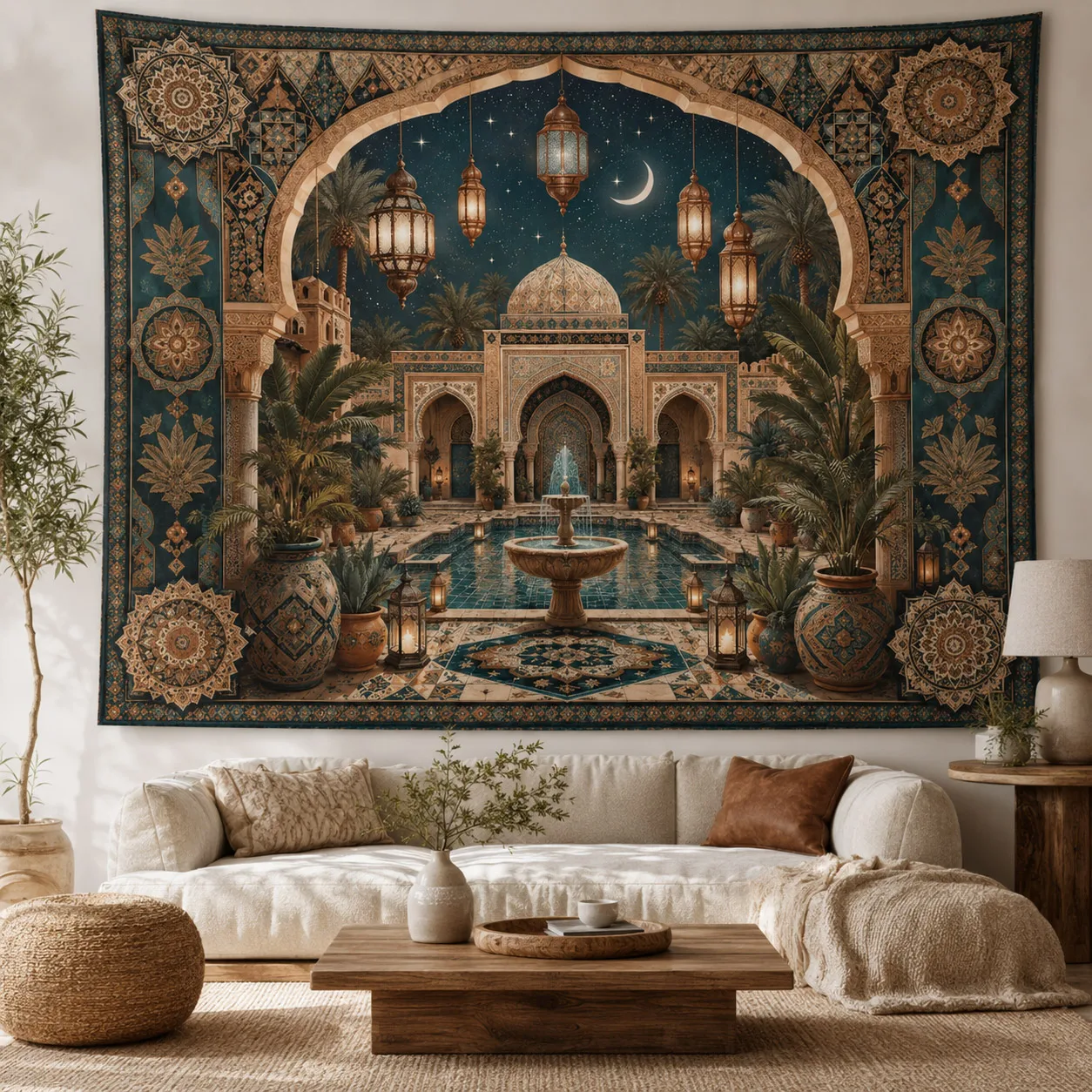 Moroccan Palace Tapestry Arabian Courtyard Lantern Fountain Arch Wall Hanging Boho Vintage Decor for Bedroom Living Room Dorm