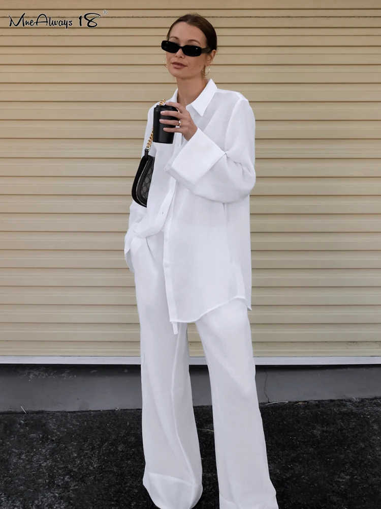 Mnealways18 White Street Style Cotton Linen Pants Suits Women Casual 2-Pieces Sets Lapel Shirts And Wide Legs Pants Office Sets