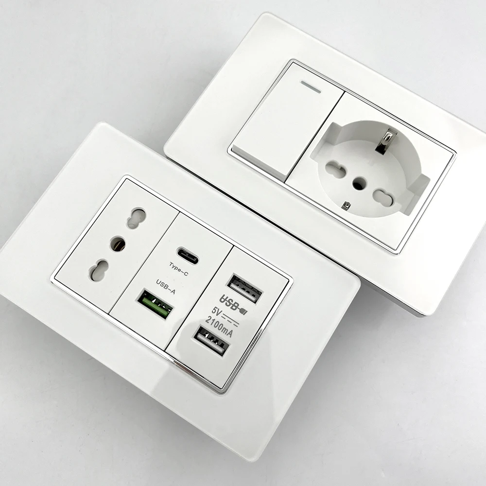 

White Tempered Glass Italy USB Type C Smart Fast Charging Wall Socket Plugs Schuko Light Switch Panel Chile TV Sat Computer CAT6