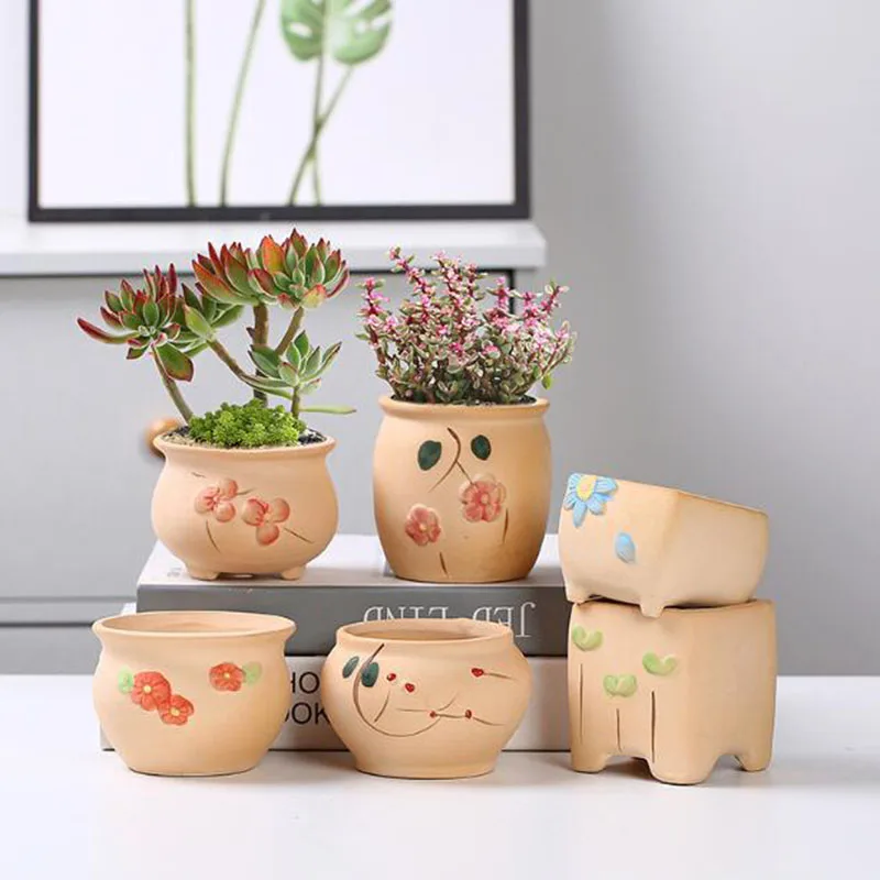 6 Pcs/Set Simplicity Handpainted Ceramic Succulent Plant Pot Breathable Bonsai Vase Desktop Ornaments Gardening Planter Decor
