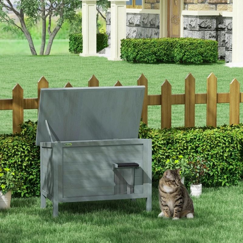Nichoir pour chat en bois résistant aux intempéries avec fenêtre et porte simple, abri extérieur surélevé pour chats errants – Cabane isolée pour chat pour jardin et hiver, gris foncé + noir, 85x50x68,5 cm