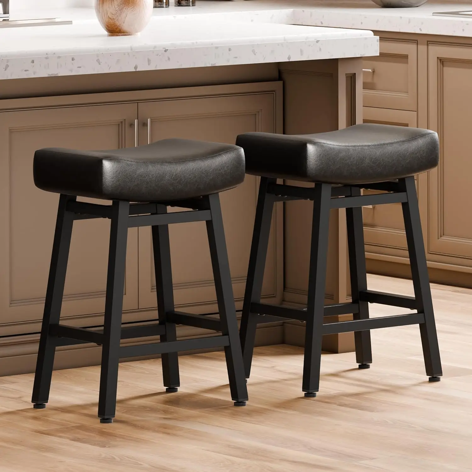 Counter Height Bar Stools Set of 2, 24 Inch Backless BarStools for Kitchen Island Leather Saddle Bar Chairs Kitchen Stools wi
