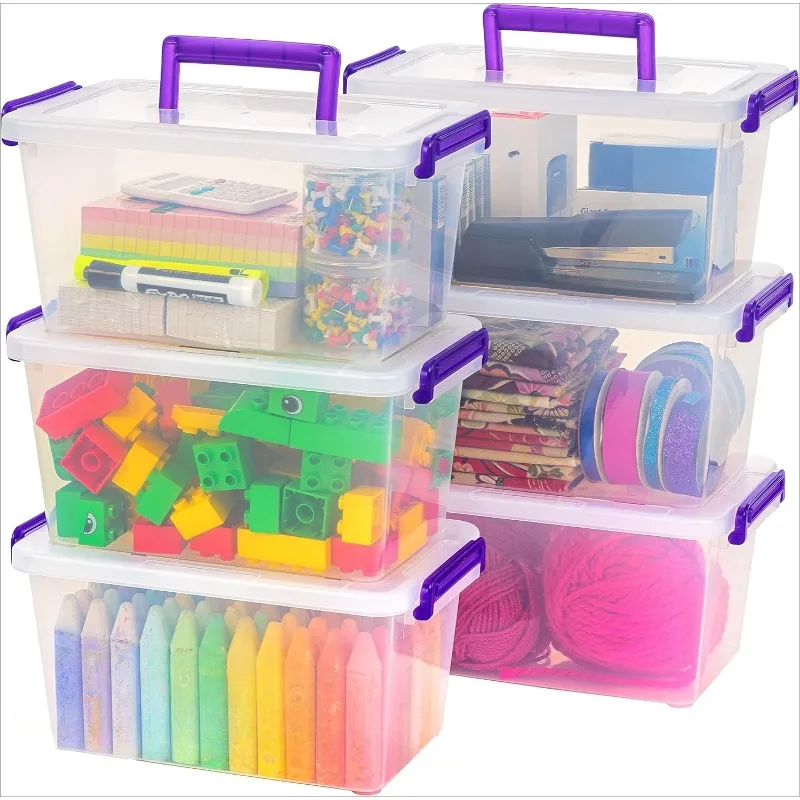 6Pack 5.4qt Stackable Storage Bin with Secure Buckle-up Lid, Clear/Violet