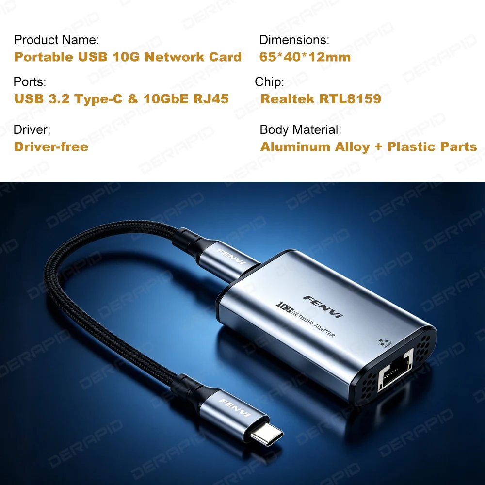 USB 10GbE Ethernet Adapter RTL8159 Chip USB3.2 Gen2x2 Type C To RJ45 10G External Network Card Driver Free For Gaming Streaming view 3