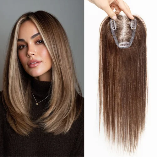 Imagen 1 del producto Postizos para Mujer, Cabello 100% Humano, con Partidura Media, Postizo con Base de Encaje, Extensiones de Cabello con Clip, Aspecto Natural