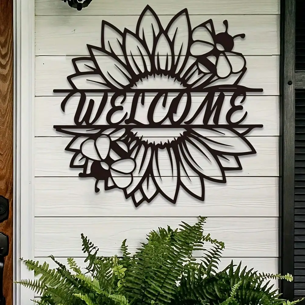 Boho Style Welcome Metal Wall Art Sunflower Iron Craft Durable Hanging For Entryway Porch Living Room