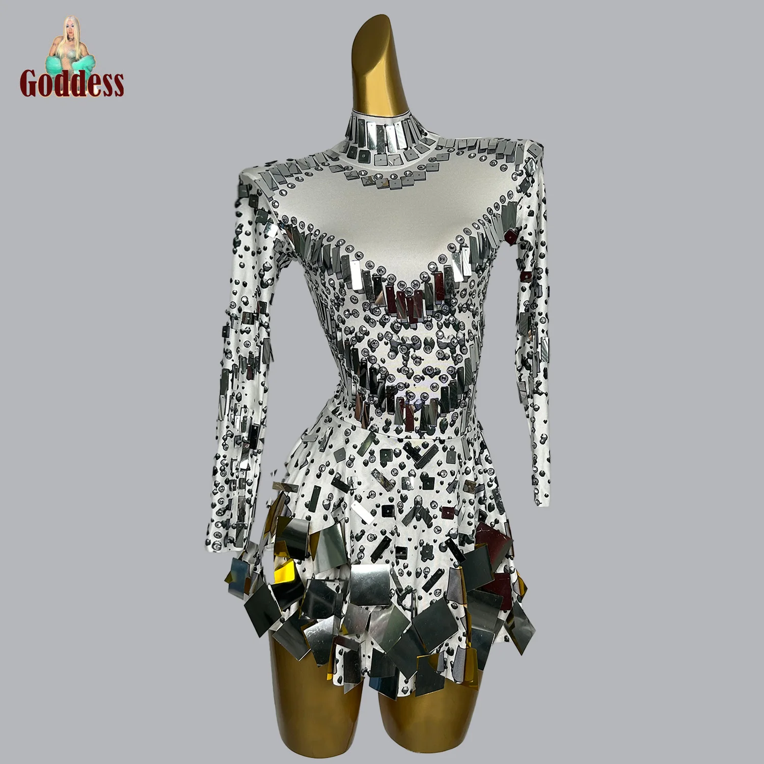 

Shining Sparkling Rhinestone Club Carnival Party Nightclub Slimming Long Sleeve Sexy Short Skirt Party Disco Stage Mini Dress