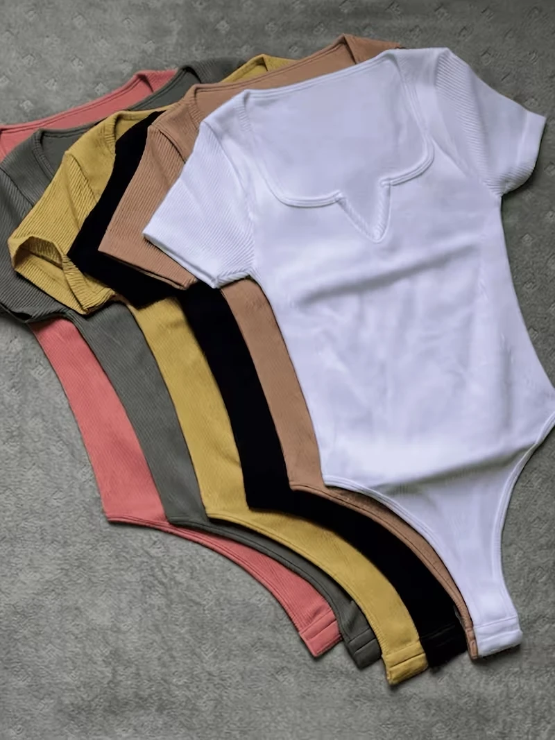 6 Pcs Women Short Sleeve Bodysuit 95% Polyester 5% Spandex Square Notch Neck Ribbed Knit Slim Fit Basic Jumpsuit Daily Casual Ou