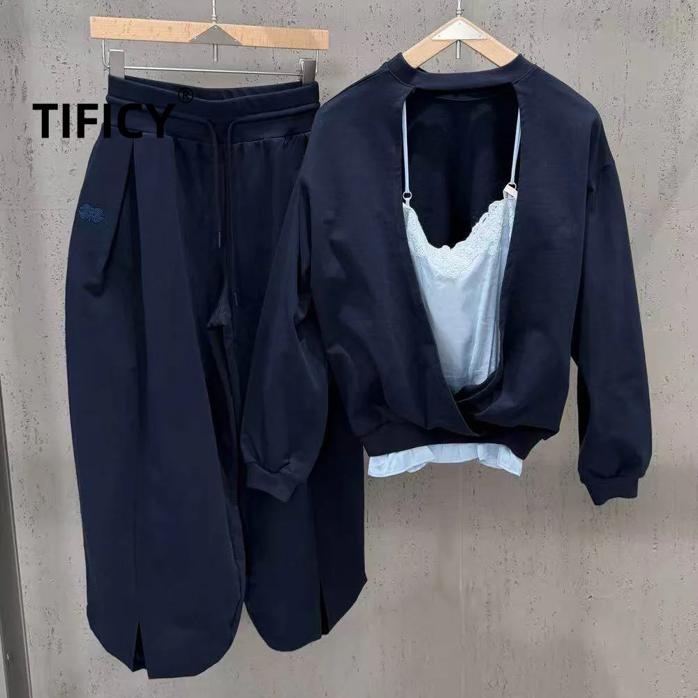High Street 2pcs Set Women's  Backless Patchwork Lace Camisole Fake Two-piece Hoodie Wide Leg Pants Loose and Comfortable Set