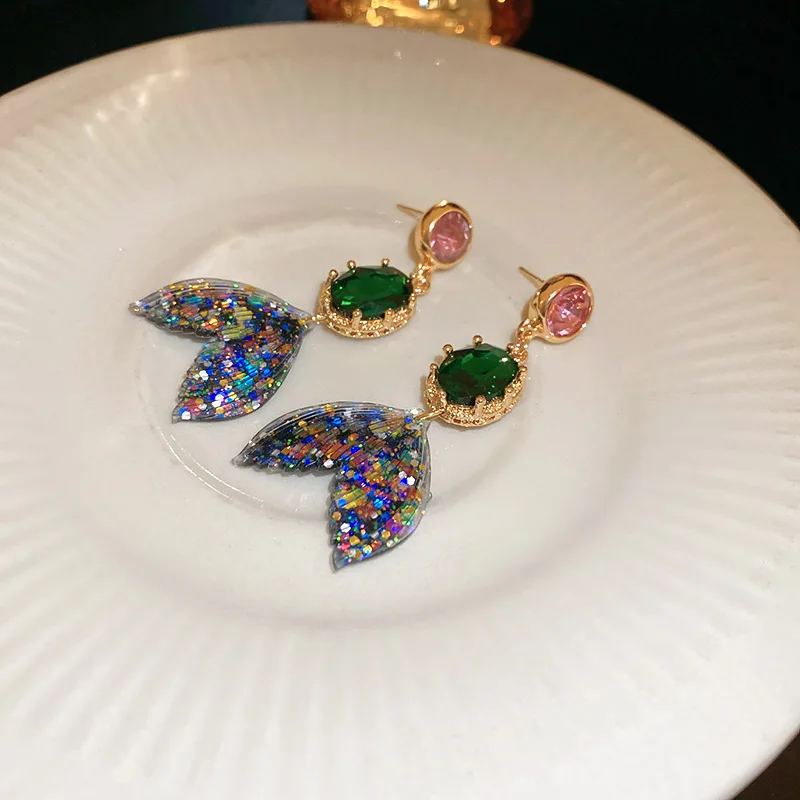 Colorful Fishtail Rhinestone Earrings for Women Fashion Style Drop Earrings Medieval Vintage High-grade Sense Jewelry Girl Party
