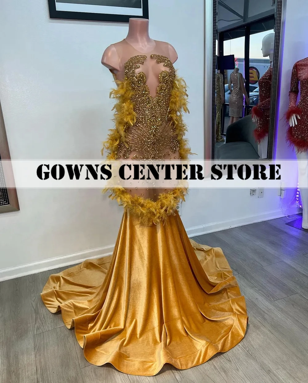 

Luxury Goden Crystal Beaded Feathers Birthday Prom Dresses 2024 For Black Girls Sheer Mesh Cocktail Gowns Sparkly Customized