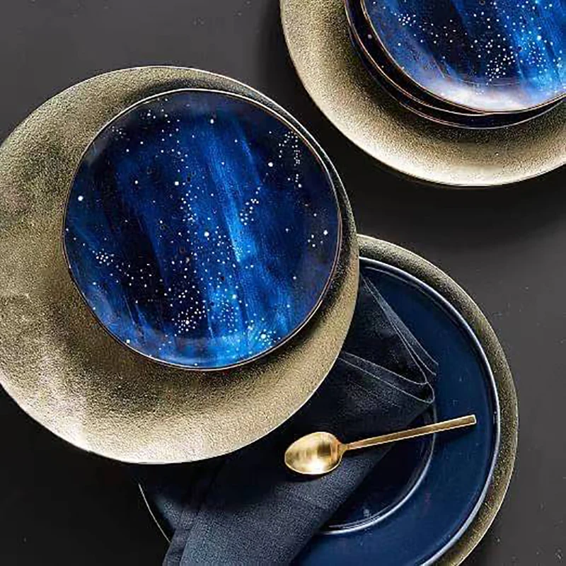 

Northern European Golden Blue Star Sky Ceramic Plate Fruit Plate Home Decoration Plate Cake Dessert Plate