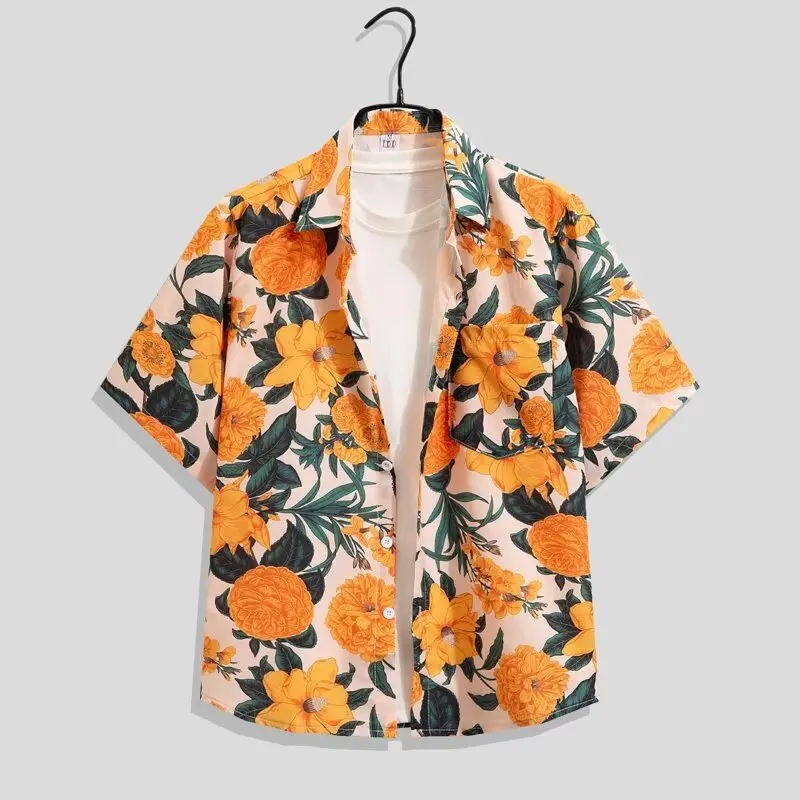 Men's Summer Beach Vacation Hawaiian Retro Short Sleeve Flower Shirt High Street Fashion Casual Loose Half Sleeve Floral Shirt
