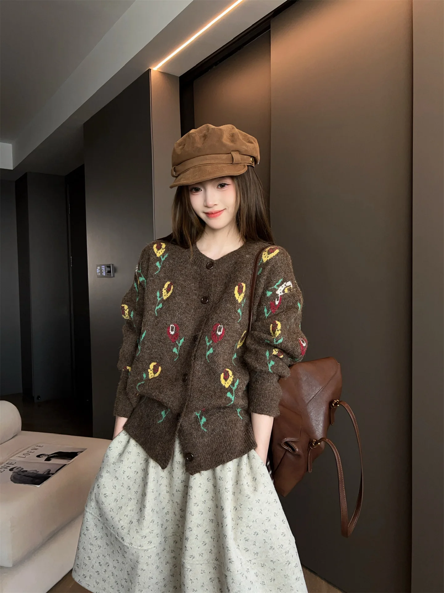 

Retro Sle Women's Open Cardigan Sweater Loose Casual Lazy Faion Autumn Winter New Arrival Single Button Plant Floral Pattern