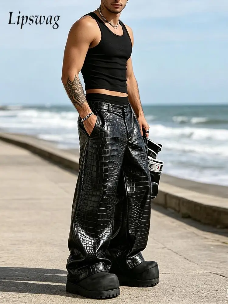 Trendy Men PU Leather Pants Spring Autumn Crocodile Texture Loose Fit Wide Leg Daily Outdoor Mens Vintage Bottoms For Men
