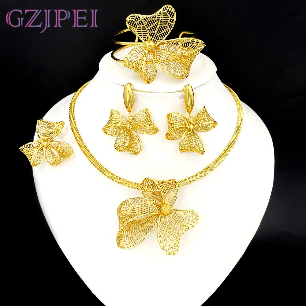 

GZJPEI African Women's Bowknot Jewelry Set Gold Plated Necklace Earrings Bracelet Ring, Fashion 4PCS Jewelry Set For Women,