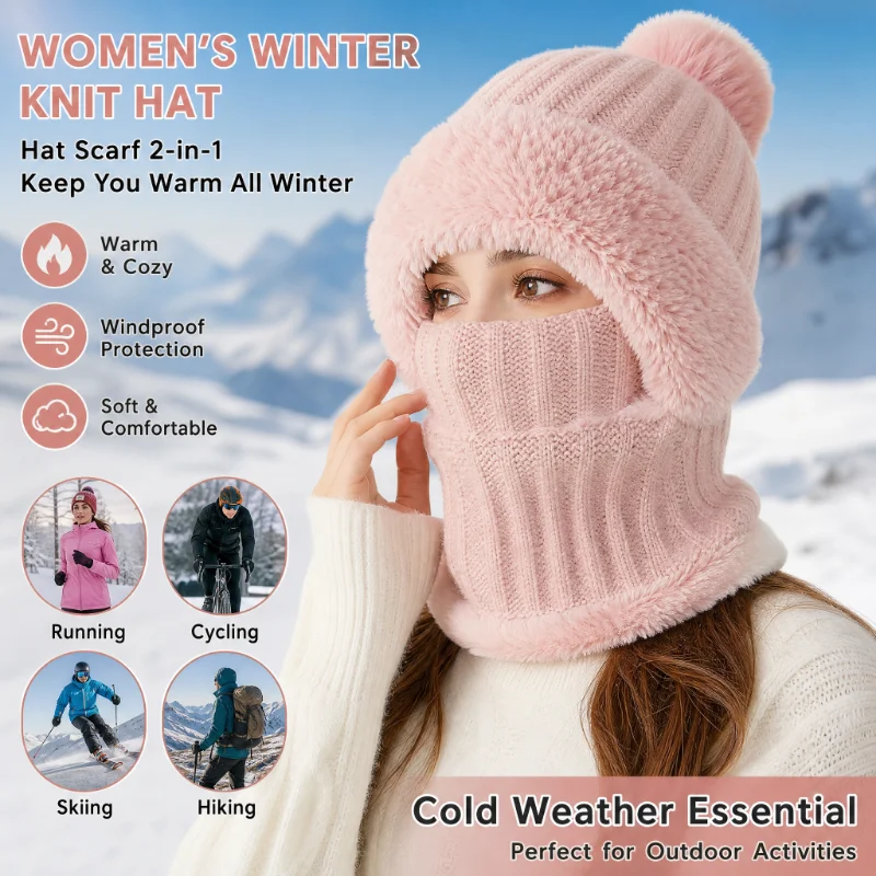 Hot Selling All-in-One Winter Warm Outdoor Hiking Plush Knitted Hat, Outdoor Cycling, Face, Neck Cover Warm Hat
