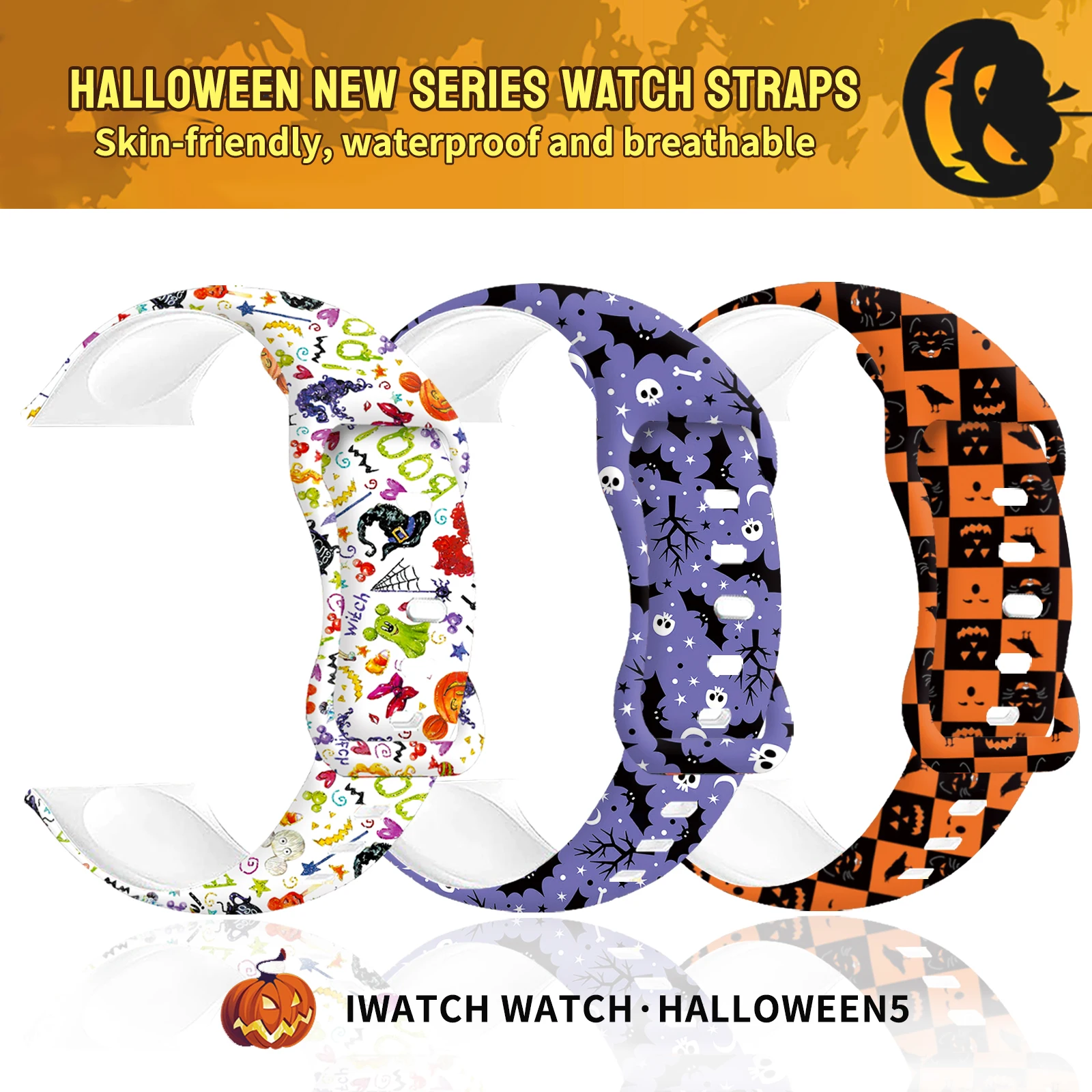 Apple Watch用ハロウィン5プリントストラップ、シリコンバンド、iwatch用交換可能ブレスレット、watch9、8、7、se、6、45mm、44mm、42mm、41mm