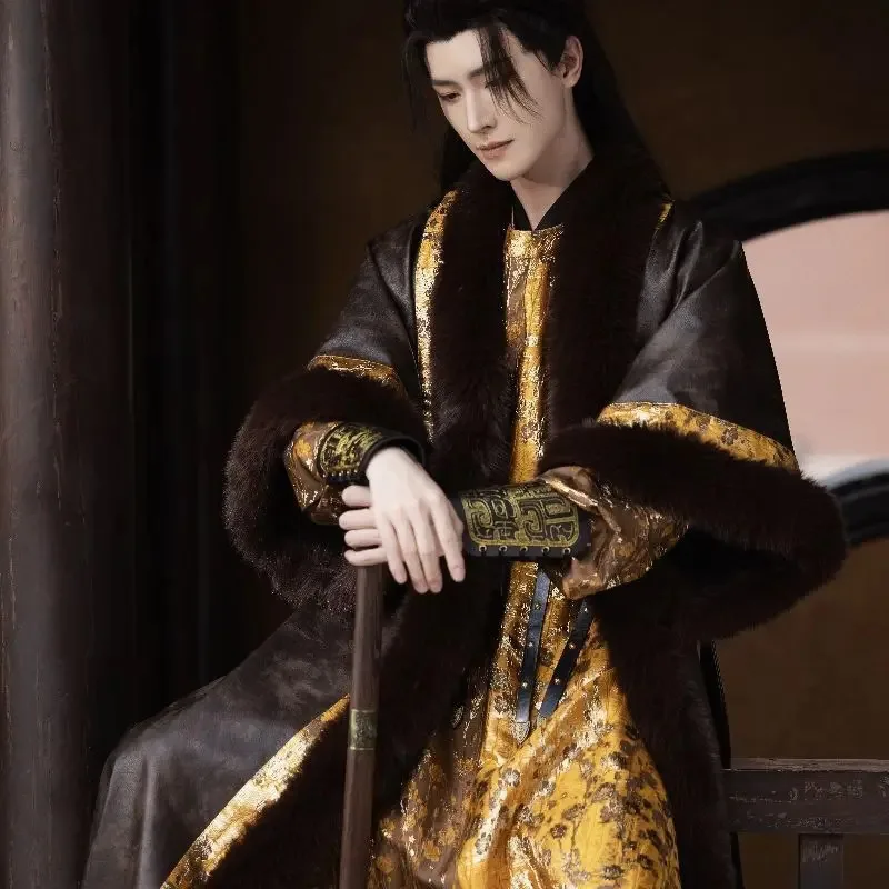 Winter Hanfu Men Leather Coat With Golden Robe Chinese Vintage Hanfu Carnival Cosplay Costume Tang Suit Hanfu Plus Size XL