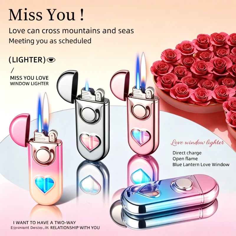 Creative Double Fire Butane Lighter, Visible Gas Window with Blue LED Light, Classic Grinding Wheel Ignition Smoking Accessory